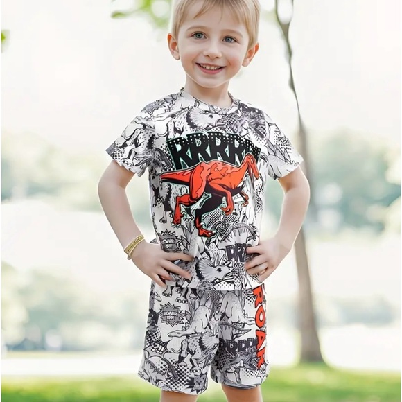 2 pcs Boys Casual Cartoon Cool Dinosaur Print shirt set grey Ages 5-6 - Picture 7 of 7
